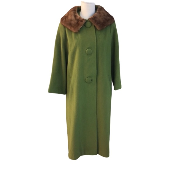 Vintage Jackets & Blazers - 60s VTG avocado wool coat with fur collar